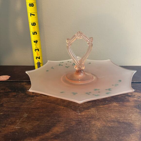 1930s Pink Depression Frosted Glass Handled Serving Tray Hand Painted Design - Picture 11 of 11